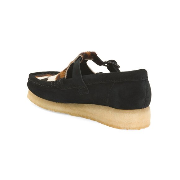 CLARKS Black Suede Wallabee T-bar Comfort Loafers - Picture 2 of 2